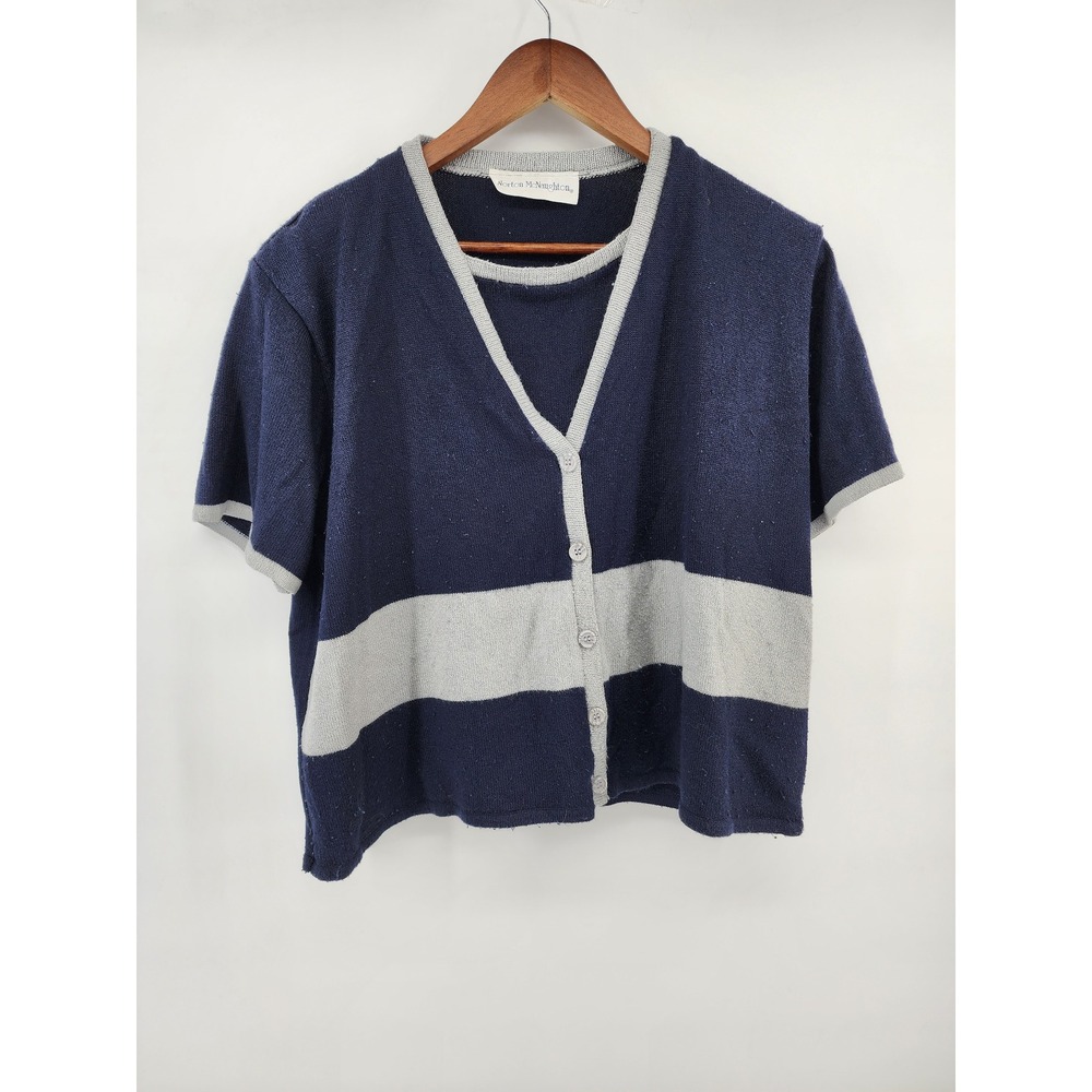 Norton McNaughton Womens XL Blue Gray Colorblock Short Sleeve Cardigan Twin Set